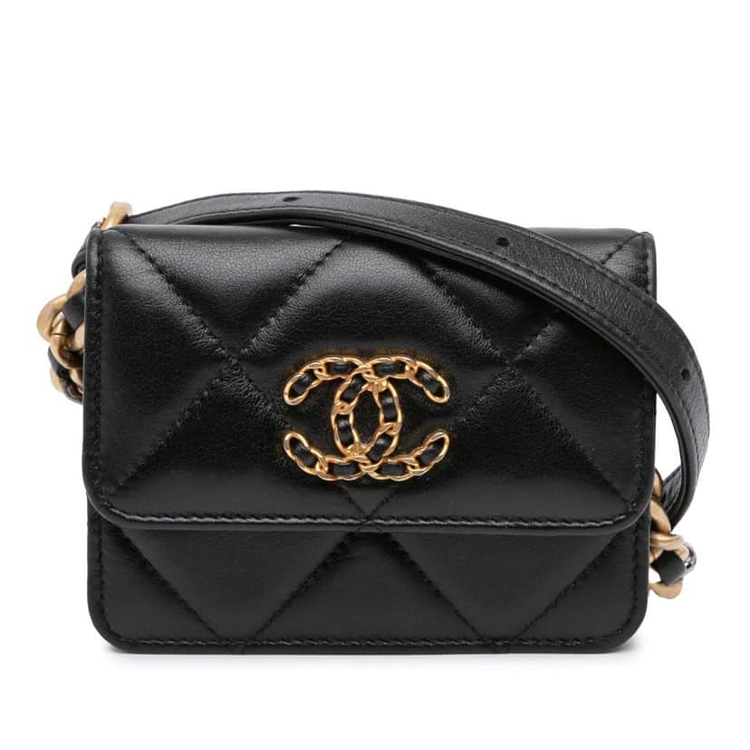Chanel Quilted Lambskin 19 Flap Coin Purse With Chain Black Leather Good condition - Front View