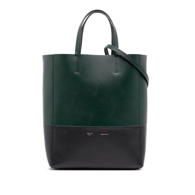 Celine Small Bicolor Grained Calfskin Vertical Cabas Tote Green Leather Good condition - Front View