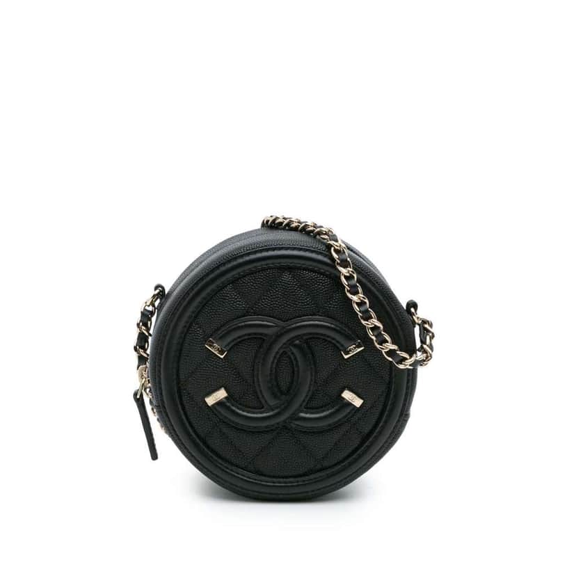 Chanel Caviar CC Filigree Round Clutch with Chain Black Leather Good condition - Front View