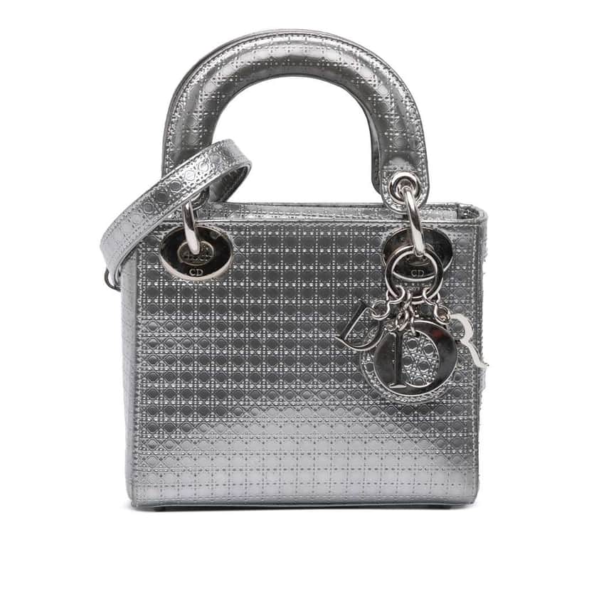 Dior Mini Metallic Patent Microcannage Lady Dior Silver Leather Good condition - Front View