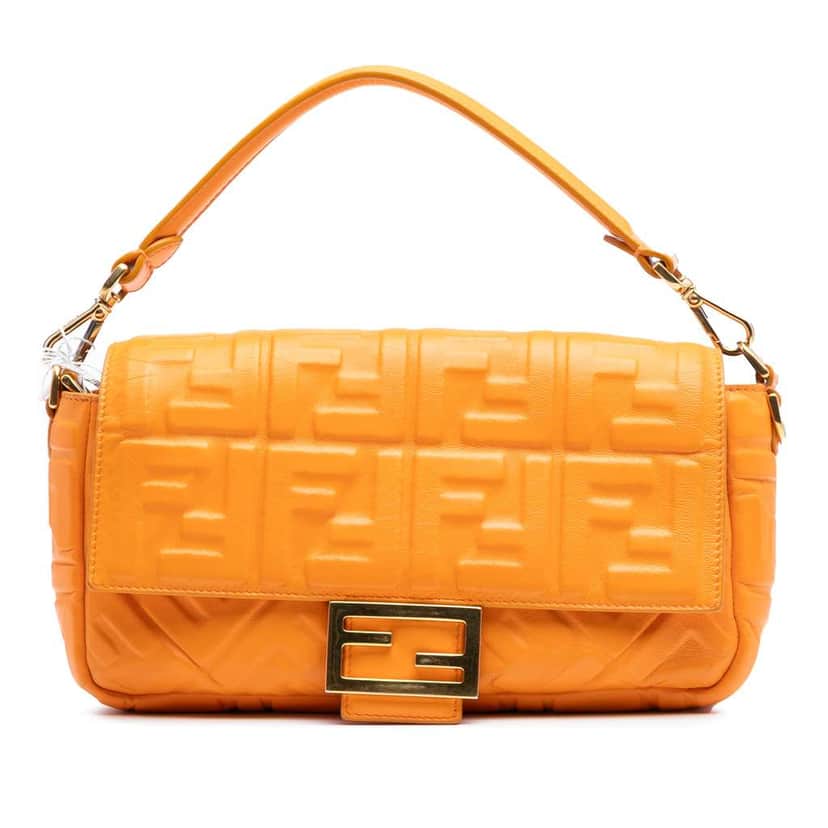 Fendi Zucca Embossed Leather Baguette Satchel Orange Leather Good condition - Front View