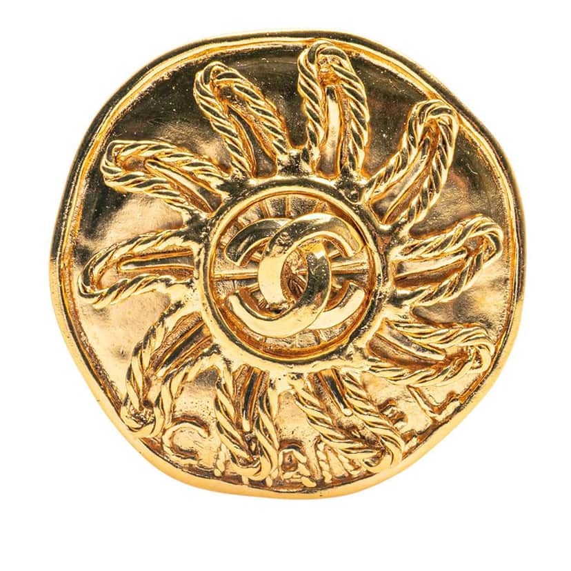 Chanel CC Gold Plated Sunburst Brooch Gold Metal Good condition - Front View