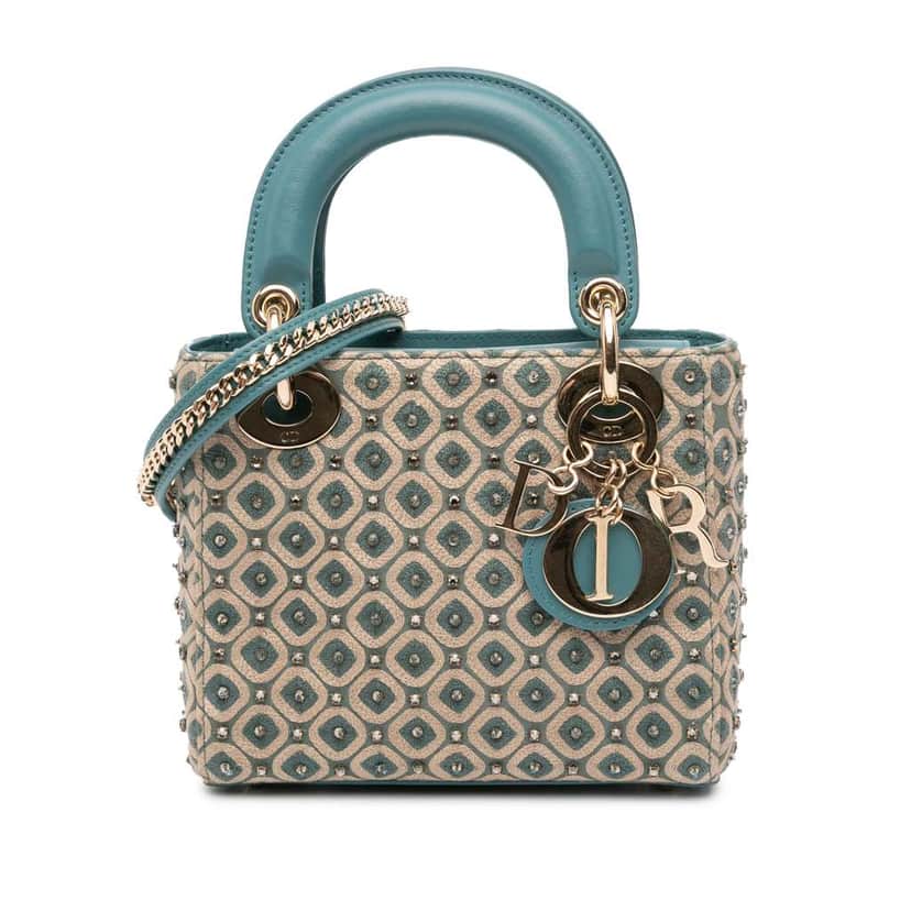 Dior Mini Canvas Honeycomb Embroidery Crystal Lady Dior Brown Canvas Good condition - Front View