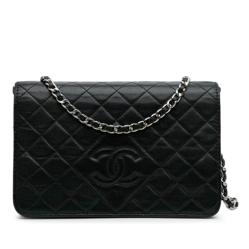 Chanel CC Quilted Lambskin Diamond Wallet On Chain Black Leather Good condition - Front View