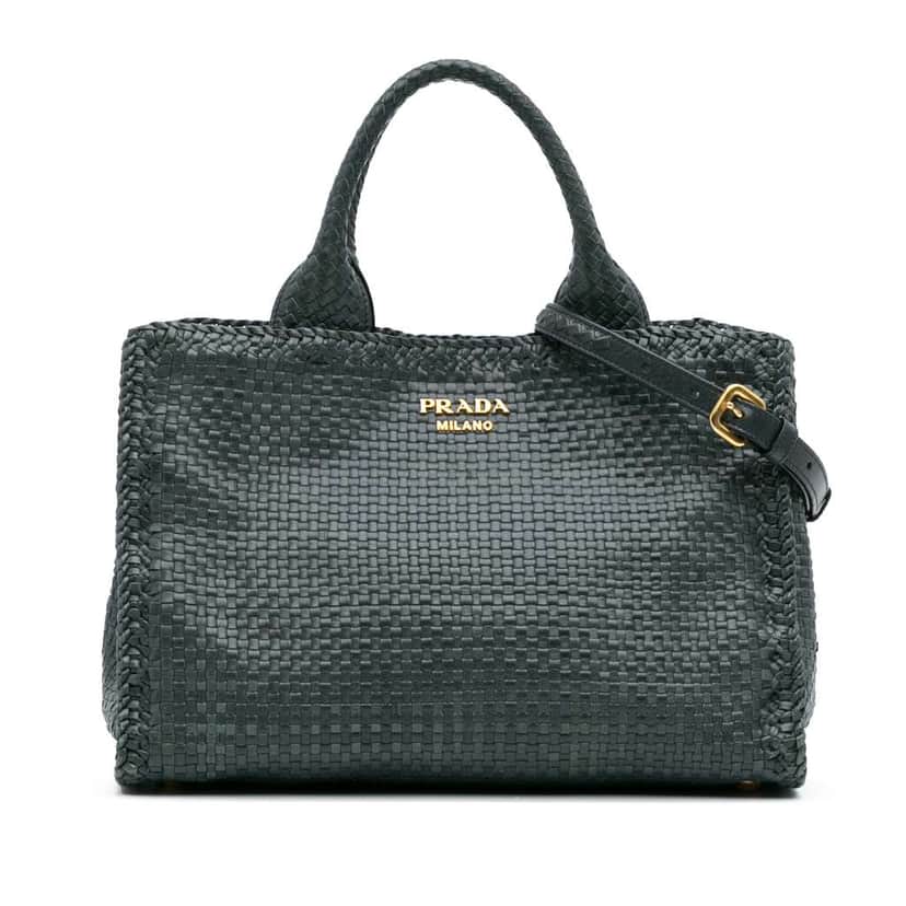 Prada Goatskin Woven Madras Satchel Green Leather Good condition - Front View