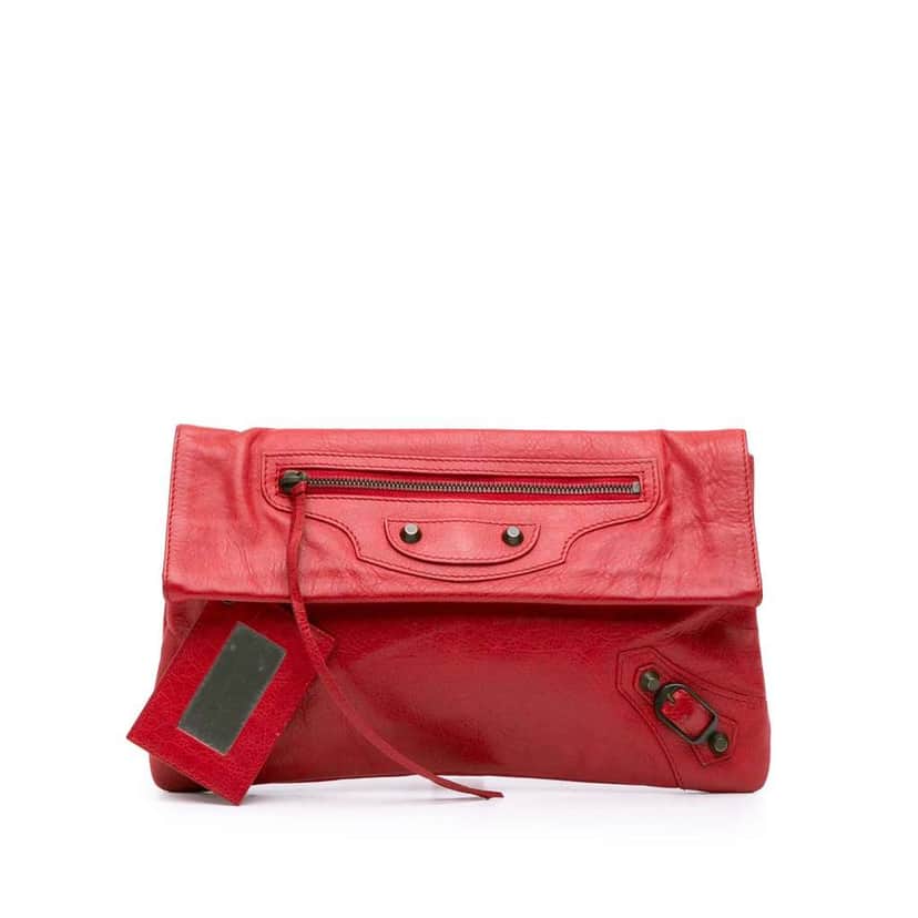 Balenciaga Lambskin Motocross Classic Envelope Clutch Red Leather Good condition - Front View