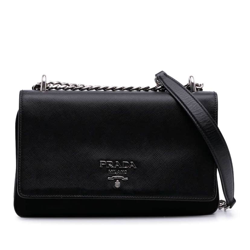 Prada Saffiano Trimmed Tessuto Chain Crossbody Black Good condition - Front View