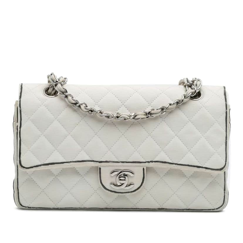 Chanel Medium Classic Printed Grosgrain Double Flap White Good condition - Front View