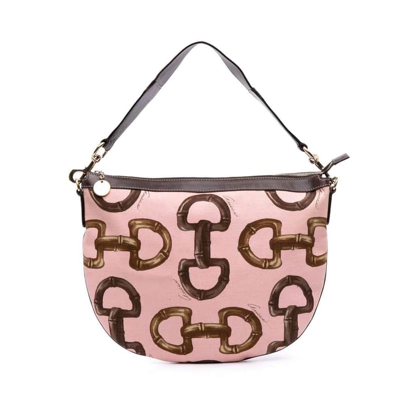 Gucci Canvas Bamboo Horsebit Print Hobo Pink Canvas Good condition - Front View