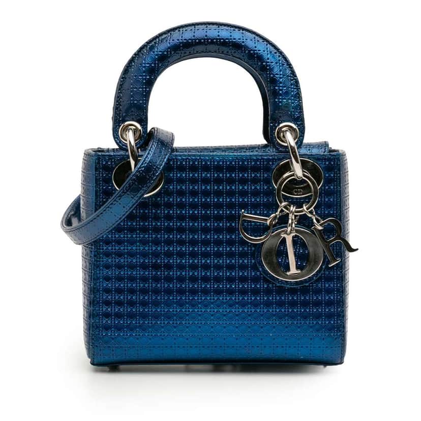 Dior Mini Metallic Patent Microcannage Lady Dior Blue Leather Good condition - Front View
