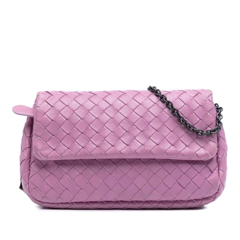 Bottega Veneta Mini Nappa Intrecciato Expandable Chain Flap Crossbody Pink Leather Good condition - Front View