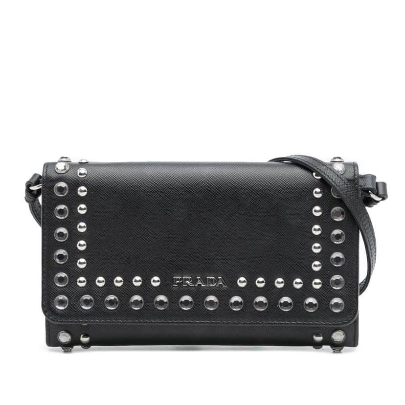 Prada Saffiano Crystal Studded Wallet on Strap Black Leather Good condition - Front View