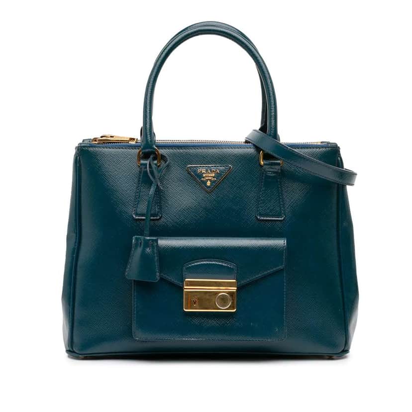 Prada Saffiano Vernice Galleria Double Zip Front Pocket Satchel Blue Leather Good condition - Front View