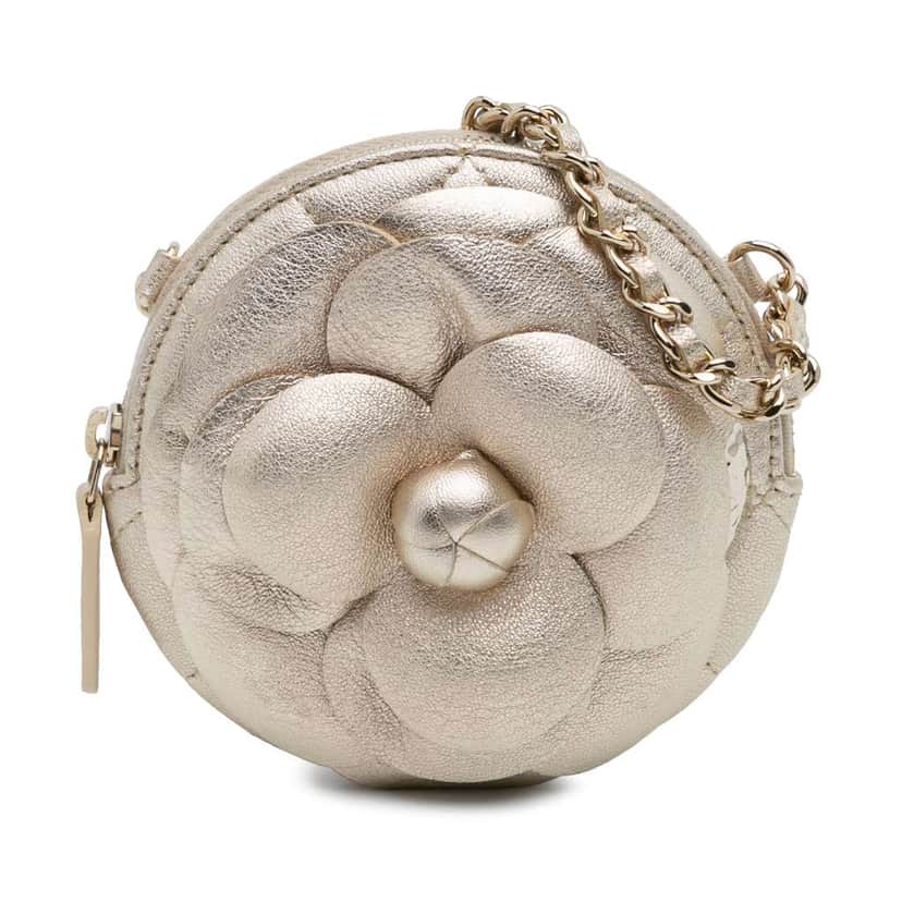 Chanel Mini CC Metallic Lambskin Camellia Bouquet Round Clutch on Chain Gold Leather Good condition - Front View