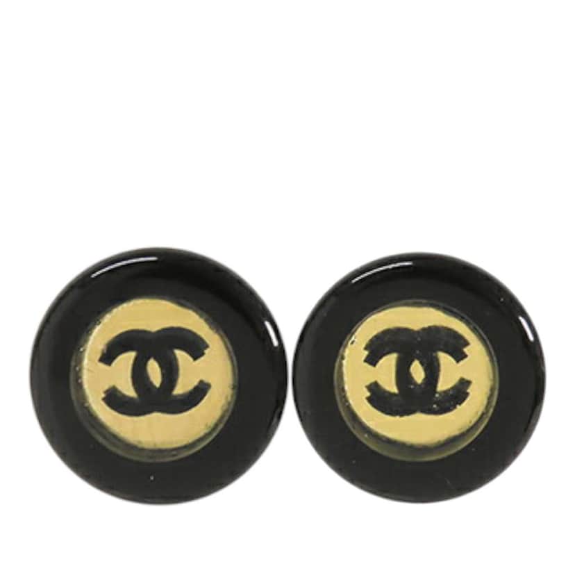 Chanel CC Resin and Gold Plated Stud Button Push Back Earring Black Good condition - Front View