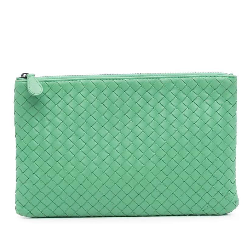 Bottega Veneta Nappa Intrecciato Clutch Green Leather Good condition - Front View