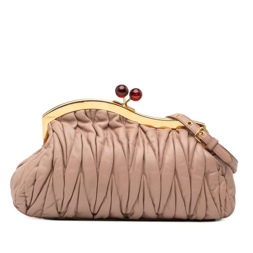 Miu Miu Matelasse Nappa Kiss Lock Clutch on Strap Brown Leather Good condition - Front View
