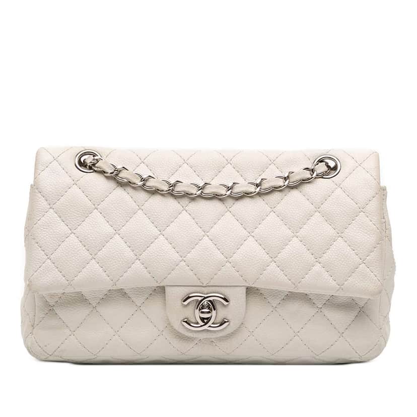 Chanel Medium Classic Caviar Double Flap White Leather Fair condition - Front View