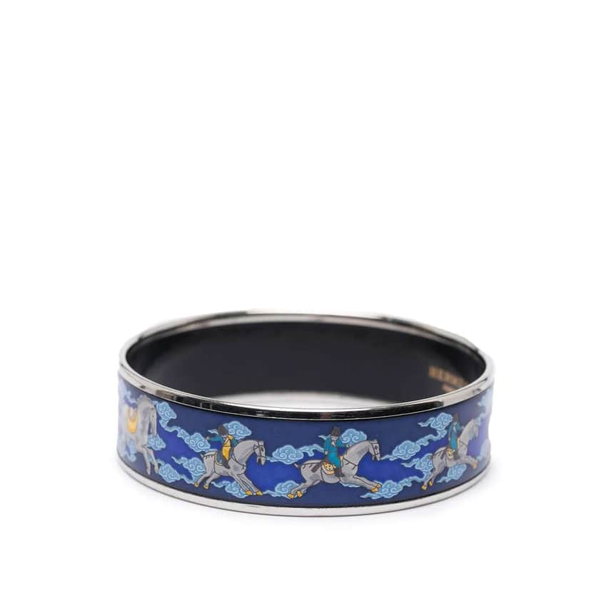 Hermès Wide Enamel Horse Riding Motif Bangle Blue Good condition - Front View