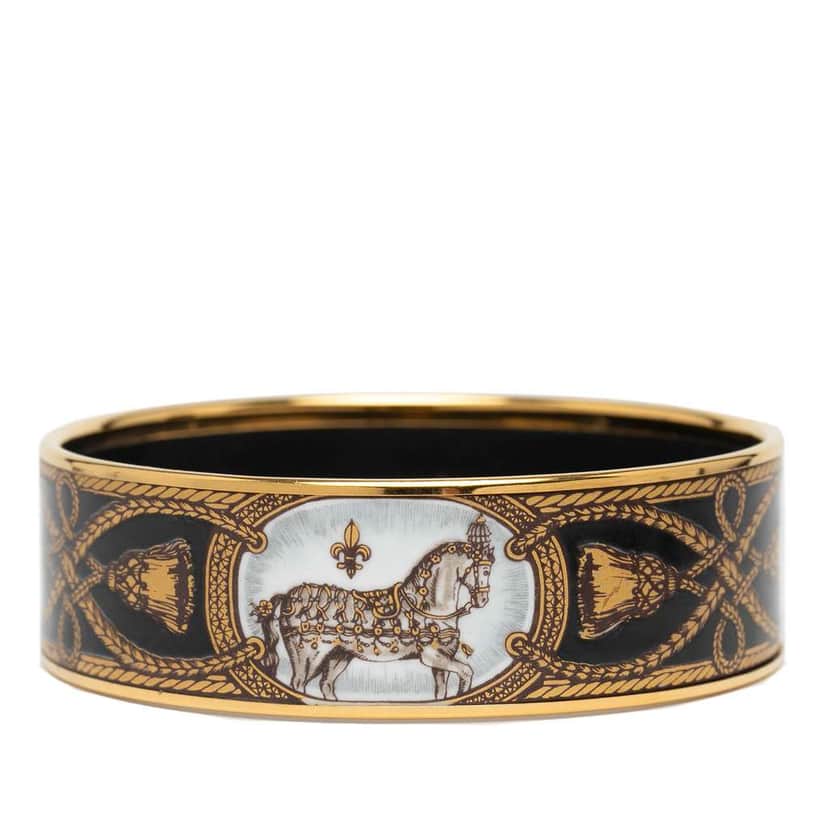 Hermès Wide Grand Apparat Horse Enamel Bangle 65 Black Good condition - Front View