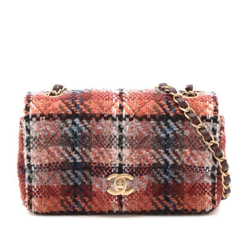 Chanel Mini Rectangular Classic Tweed Single Flap Orange Tweed Good condition - Front View