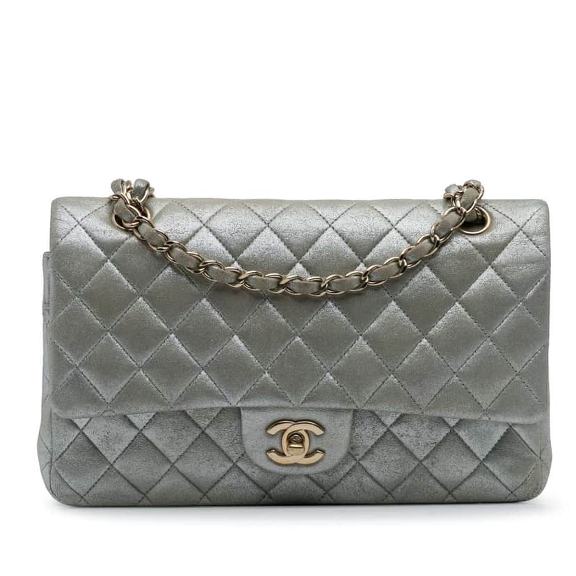 Chanel Medium Classic Iridescent Calfskin Double Flap Silver Leather Good condition - Front View