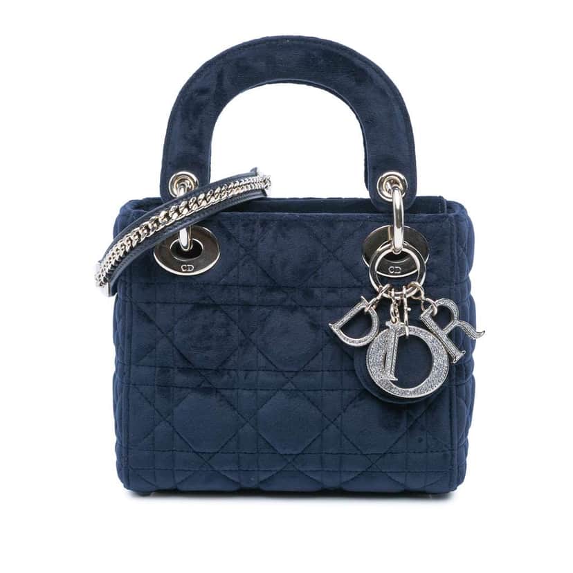 Dior Mini Velvet Cannage Lady Dior Blue Velvet Good condition - Front View
