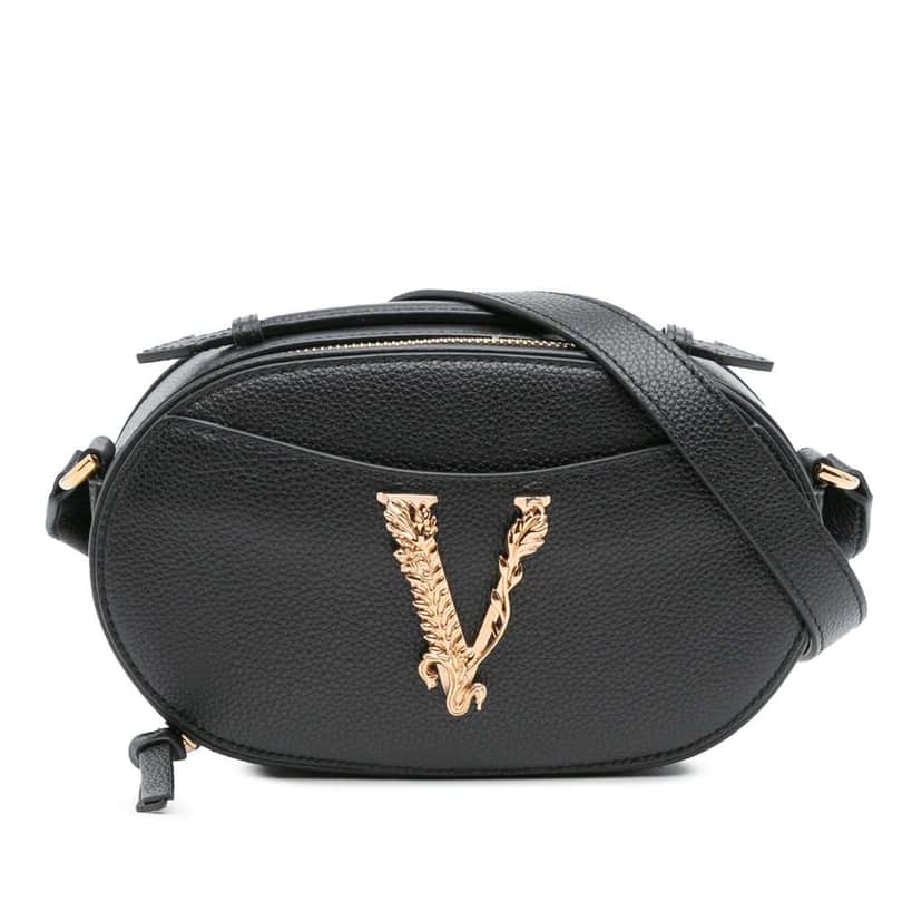 Versace Grainy Calfskin Virtus V Camera Bag Black Leather Good condition - Front View