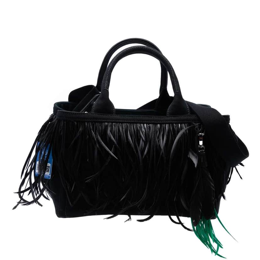 Prada Small Feather Trimmed Canvas Canapa Satchel Black Canvas Good condition - Front View
