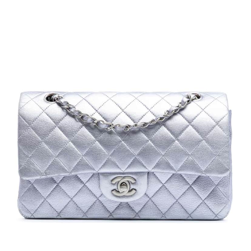 Chanel Medium Classic Metallic Calfskin Double Flap Silver Leather Good condition - Front View