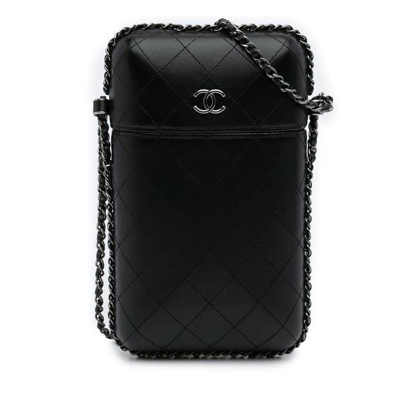 Chanel CC Quilted Lambskin Chain Around Phone Holder Black Leather Good condition - Front View