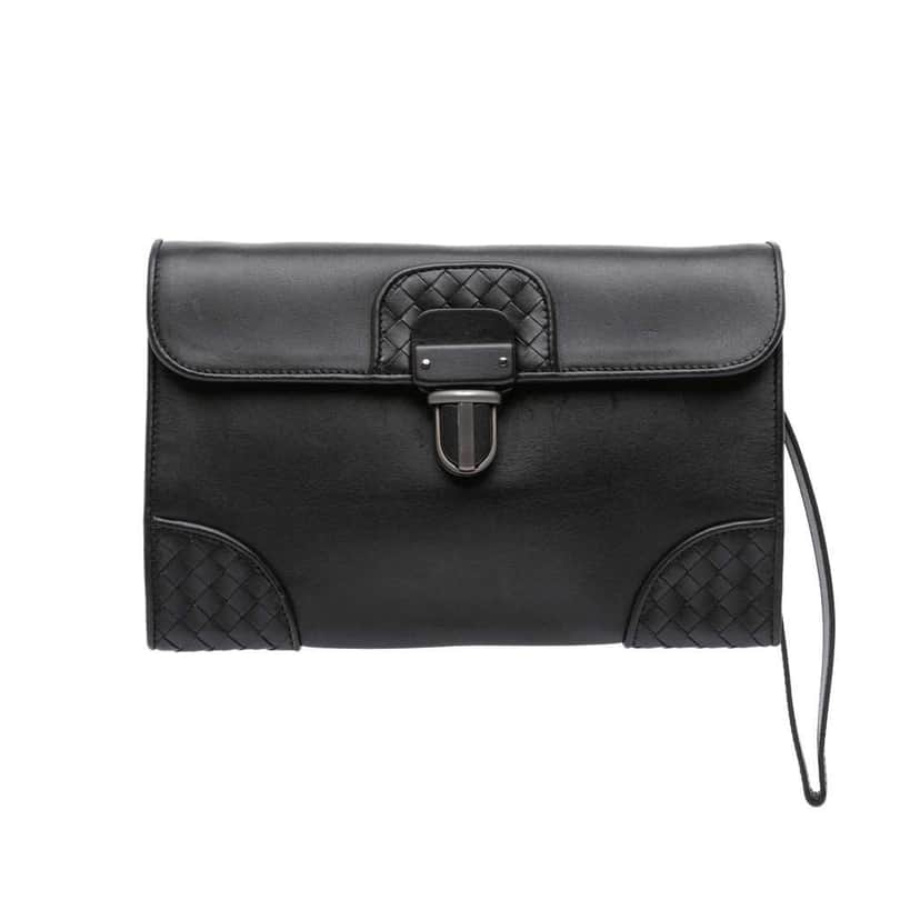 Bottega Veneta Intrecciato Trimmed Nappa Slide Lock Clutch Black Leather Good condition - Front View