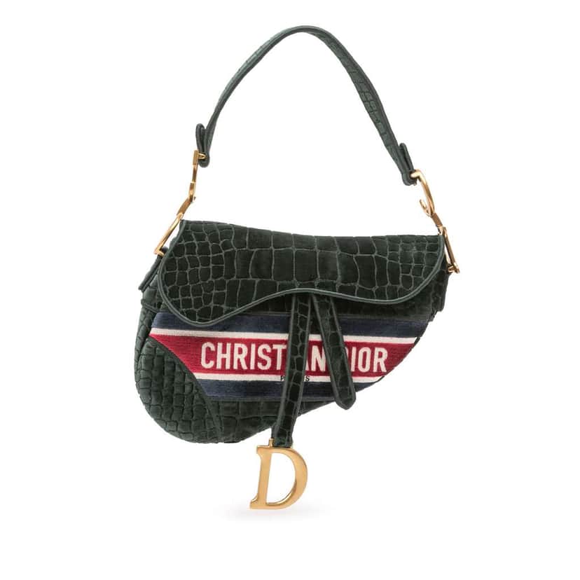 Dior Velvet Embroidered Crocodile Effect Saddle Bag Green Velvet Very good condition - Front View