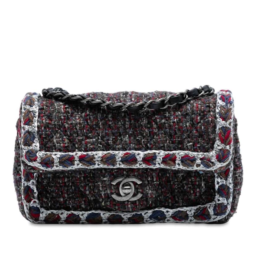 Chanel Mini Rectangular Classic Braided Tweed Single Flap Black Tweed Very good condition - Front View