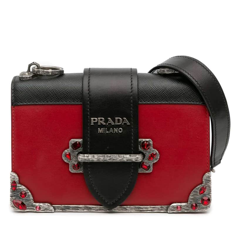 Prada Saffiano Trimmed City Calf Crystal Cahier Crossbody Red Leather Good condition - Front View