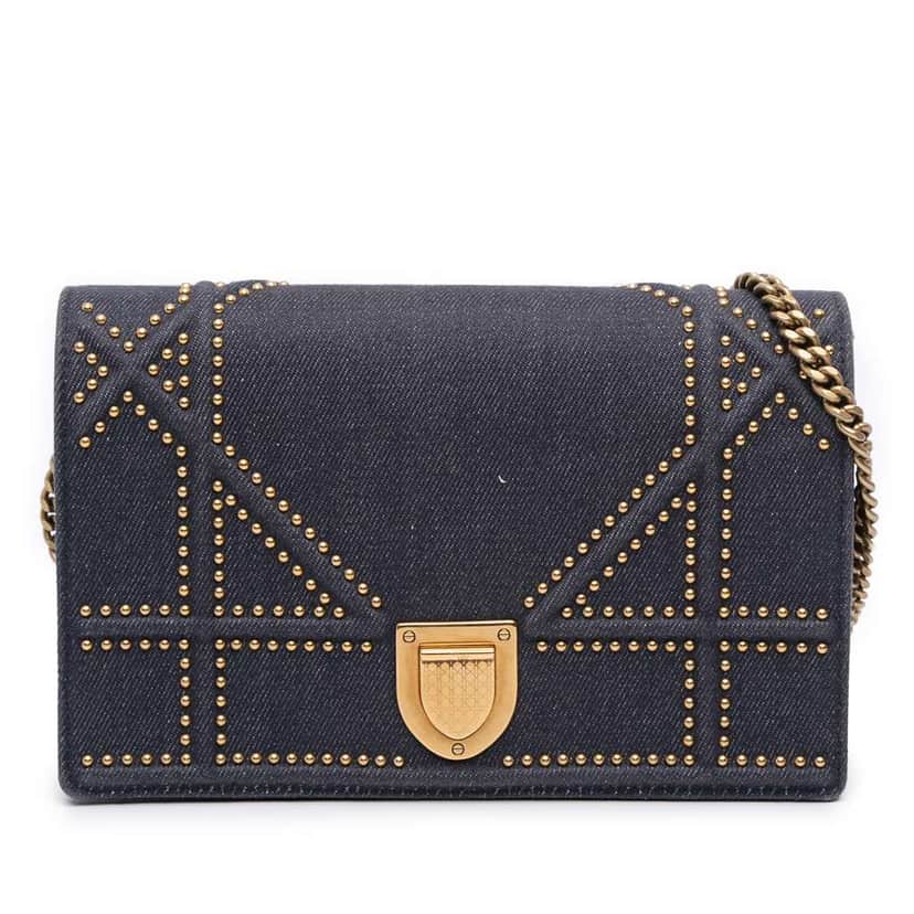 Dior Studded Denim Diorama Wallet on Chain Blue Denim Good condition - Front View