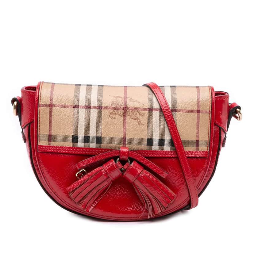 Burberry Patent Leather and Haymarket Check Coated Canvas Maydown Crossbody Red Leather Good condition - Front View