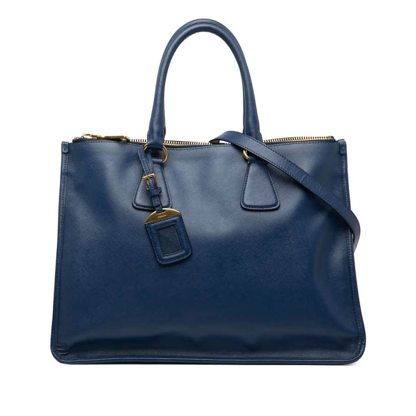 Prada Saffiano Double Zip Open Convertible Tote Blue Leather Very good condition - Front View