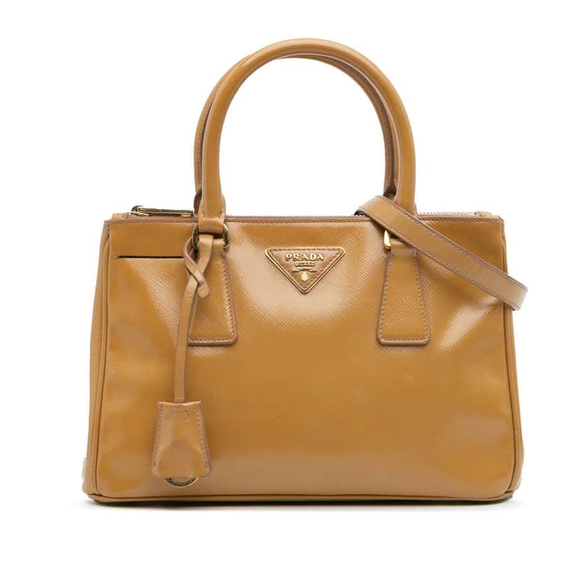 Prada Small Saffiano Vernice Galleria Double Zip Satchel Brown Leather Good condition - Front View