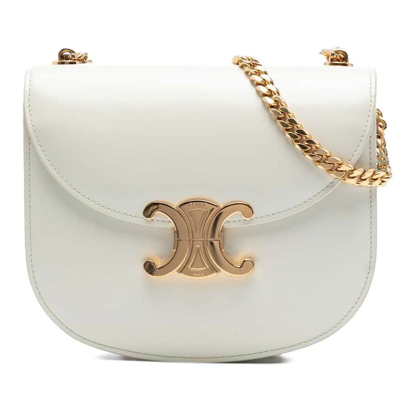 Celine Teen Shiny Calfskin Triomphe Besace Clea Chain Crossbody White Leather Good condition - Front View