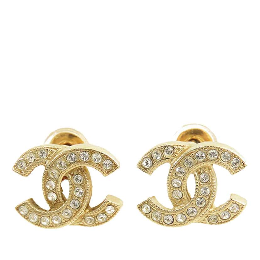 Chanel Gold Plated CC Crystal Push Back Earrings Gold Metal Good condition - Front View