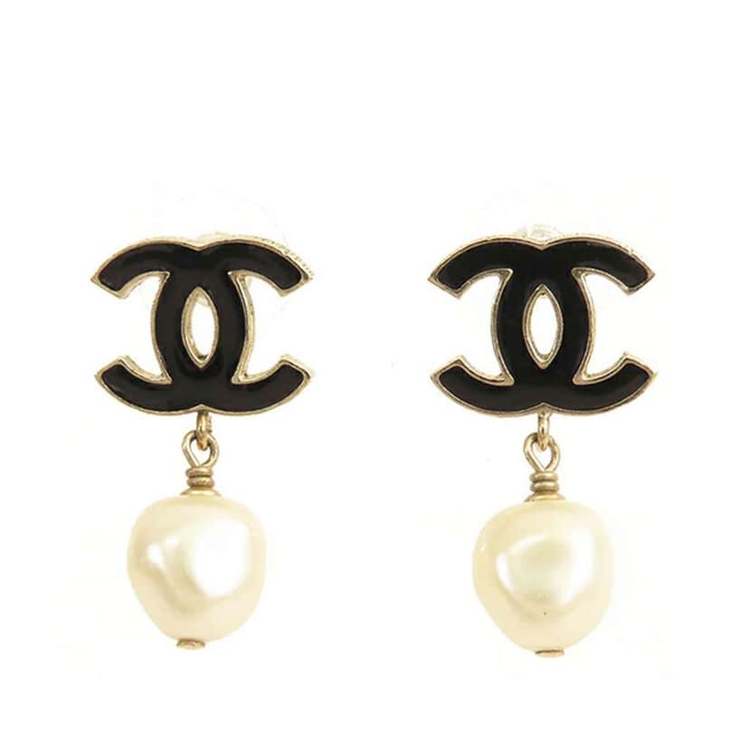 Chanel Gold Plated Enamel CC Faux Pearl Drop Earrings Gold Metal Good condition - Front View