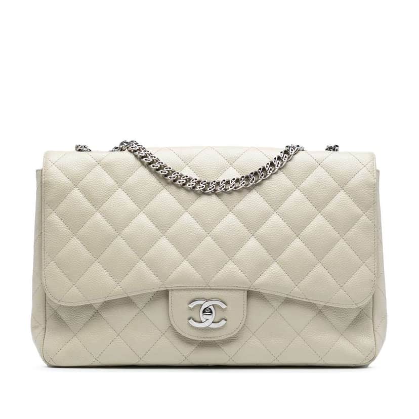 Chanel Jumbo Classic Caviar Bijoux Chain Single Flap White Leather Good condition - Front View