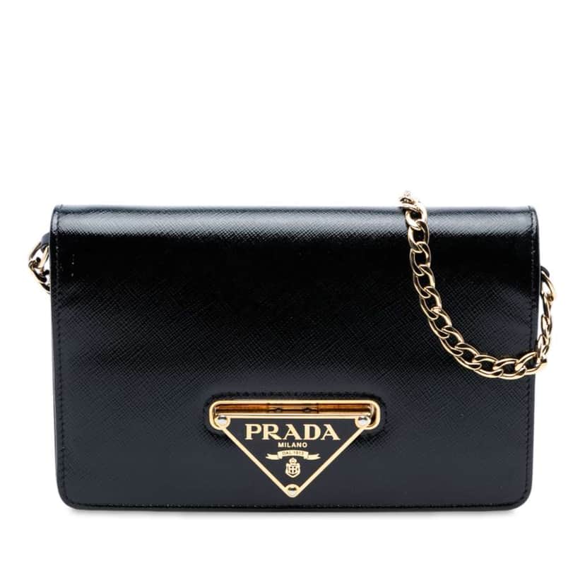 Prada Saffiano Vernice Flip Lock Wallet on Chain Clutch Black Leather Good condition - Front View