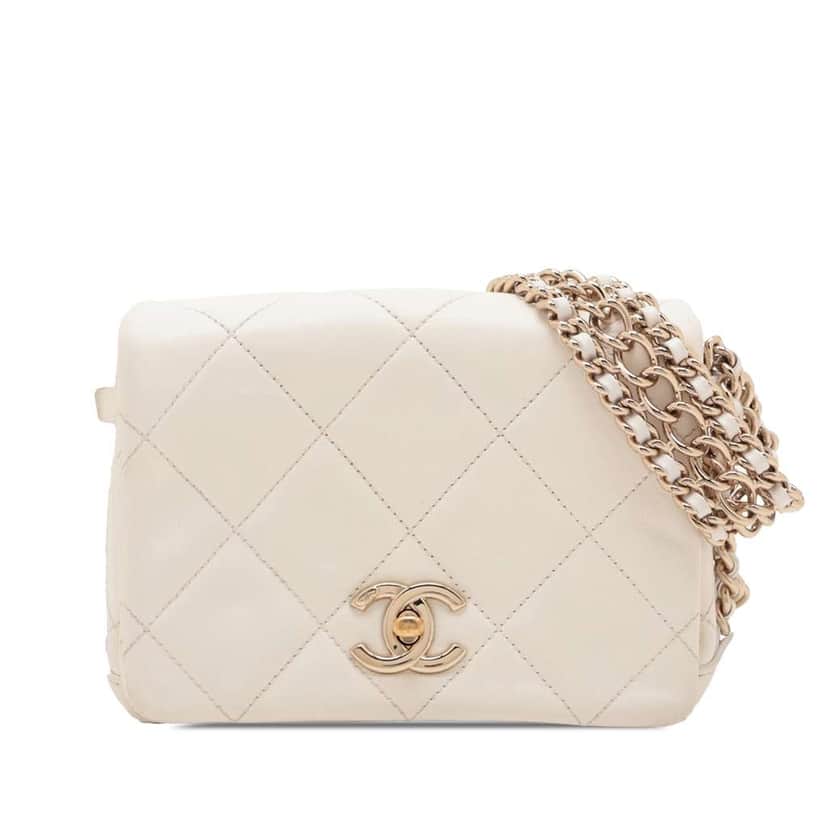 Chanel Mini Quilted Lambskin Chain Rows Flap White Leather Good condition - Front View