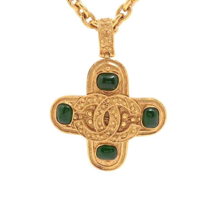Chanel CC Gold Plated Gripoix Cross Pendant Necklace Gold Metal Good condition - Front View