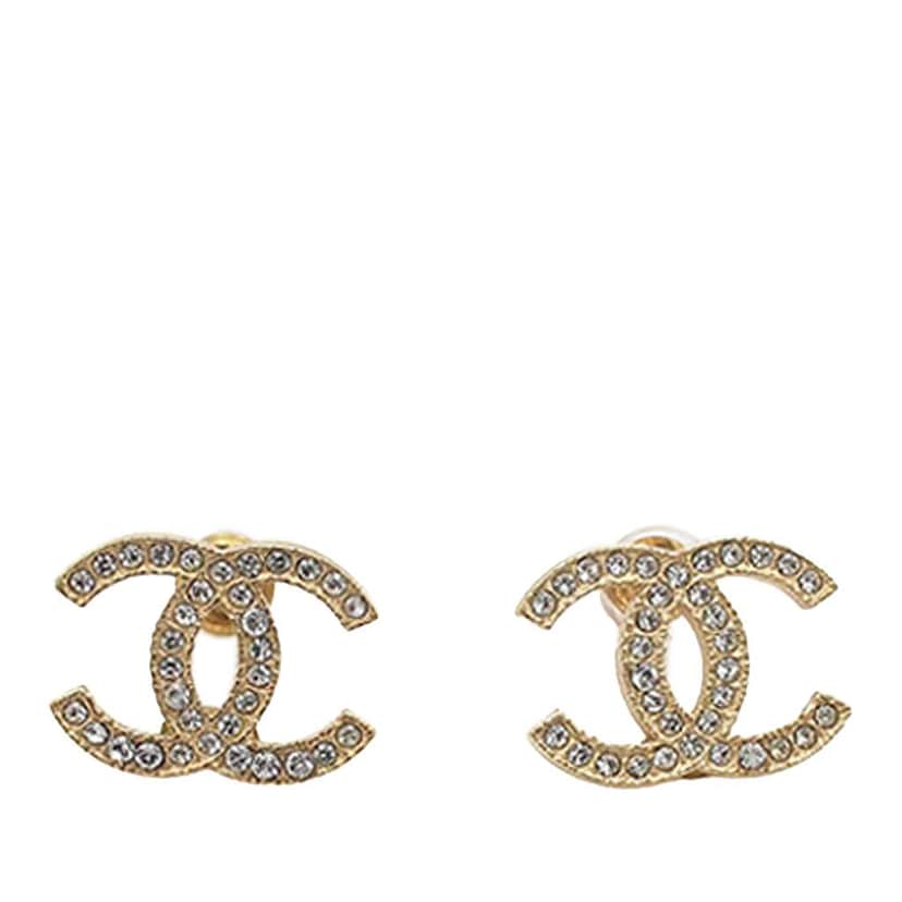 Chanel Gold Plated CC Rhinestones Push Back Earrings Gold Metal Good condition - Front View