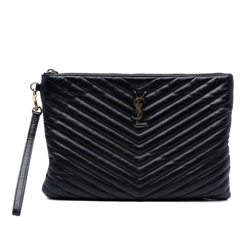 Saint Laurent Chevron Calfskin Monogram Zip A4 Pouch Black Leather Good condition - Front View