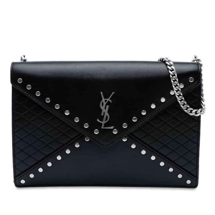 Saint Laurent Quilted Lambskin Studded Monogram Gaby Shoulder Bag Black Leather Good condition - Front View