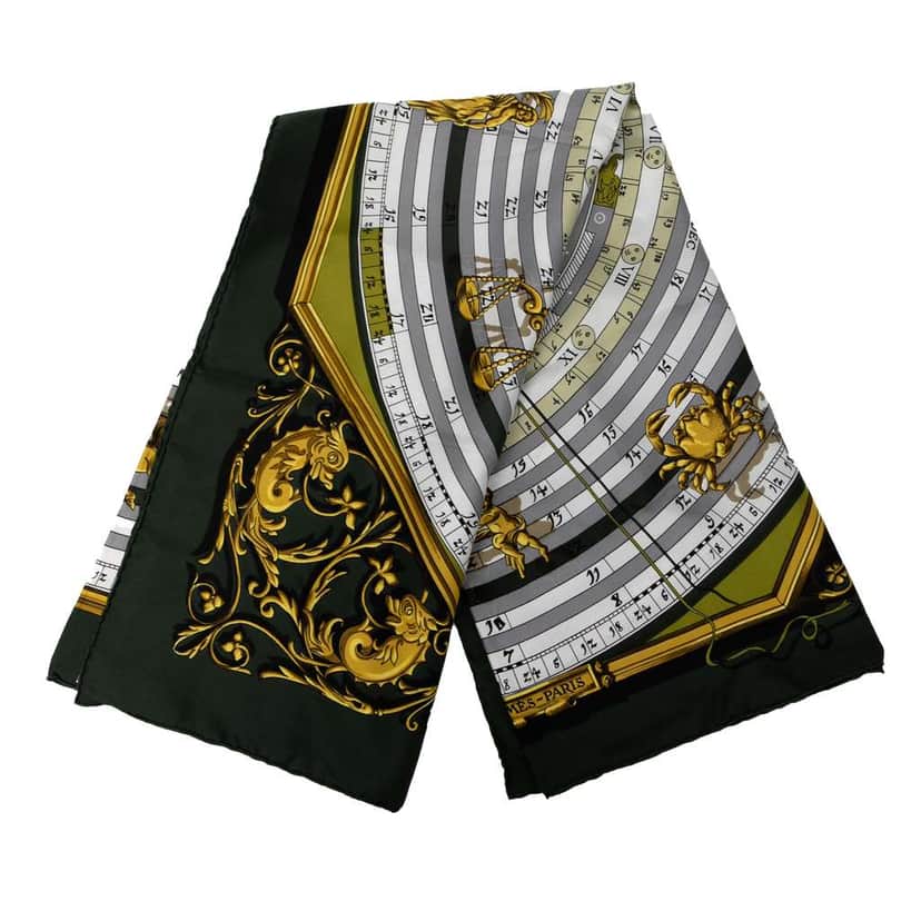 Hermès Astrologie Dies et Hore Silk Scarf 90 Green Silk Good condition - Front View